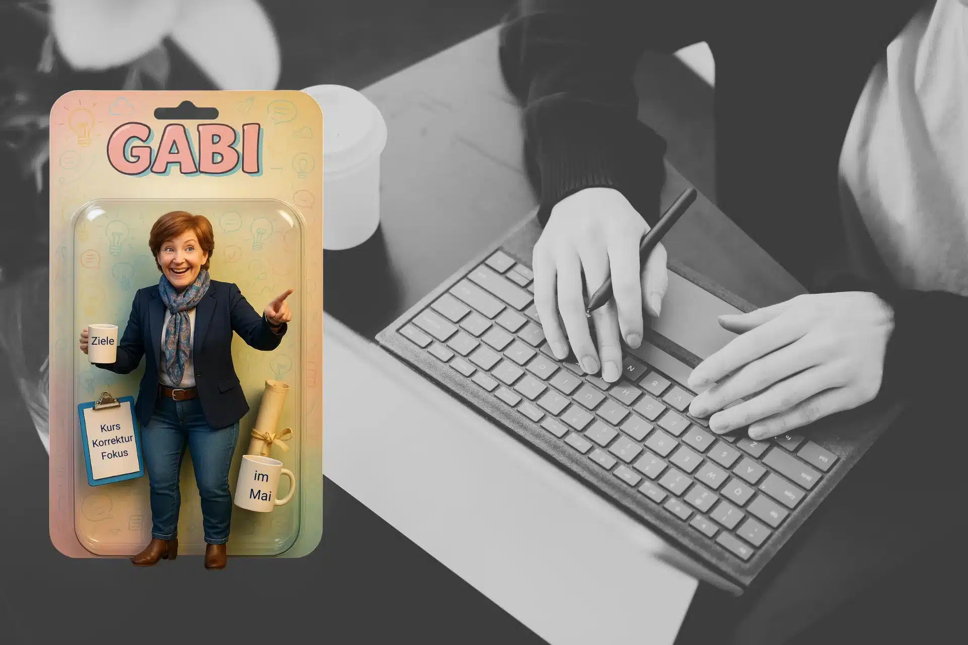 Zielplaung - das Bild zeigt eine Frau an einem Notebook im Vordergrund befindet sich ein KI generiertes Bild der Autoring des Blogbeitrages, Gabriele Ermold