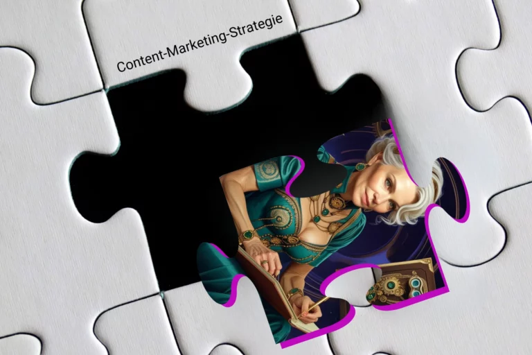 Das Bild zeigt ein weißes Puzzle, aus dem ein Puzzle-Teil herausgelöst ist. Auf diesem ist der Avaar "Donna Letter" von Gabriele Ermold, der Autorin dieses Beitrages zu sehen. Es stellt eine Allegorie für den Satz: »9-Stufige Content-Strategie« dar.