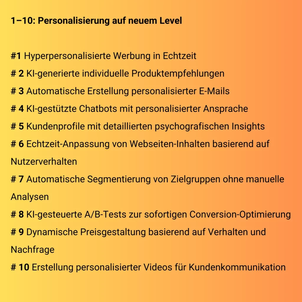 Das Bild zeigt eine Hashtag-Liste zu 100 disruptiven Änderungen im Marketing und die ersten 10 Punkten, zu disruptiven Veränderungen durch KI im Marketing. 