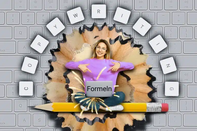 Copywriting-Formeln - das Bild zeigt eine Frau, die im Schneidersitz ist und auf deren Beinen ein geöffnetes Notebook platziert ist. Auf dem Deckel ist das Wort "Formeln" zu lesen. Im Hintergrund des Bildes befindet sich eine Aufnahme von einem Notebook-Keyboard. Einzelne Buchstaben sind im Halbkreis oberhalb der Frau angeordnet und bilden das Wort "Copywriting".