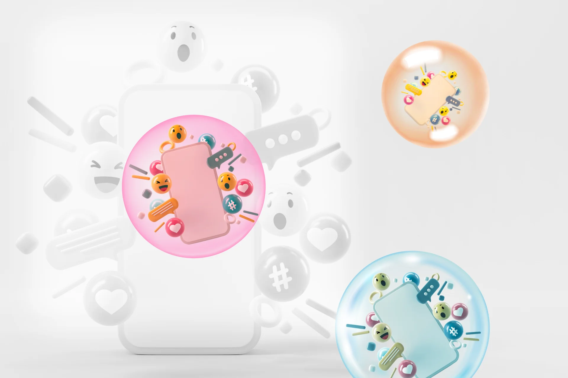 Das Bild zeigt ein Handy, auf dessen Display verschiedene Social Media Bildgrößen mit Icons zu sehen sind. Im Hinter- und Vordergrund ist ein Seifenblase zu sehen, in denen das Handy-Display ebenfalls zu sehen ist. Das Bild ist eine Allegorie für die unterschiedlichen Bildgrößen in Social Media, wo sich jeder Kanal in seiner eigenen Bubble bewegt.