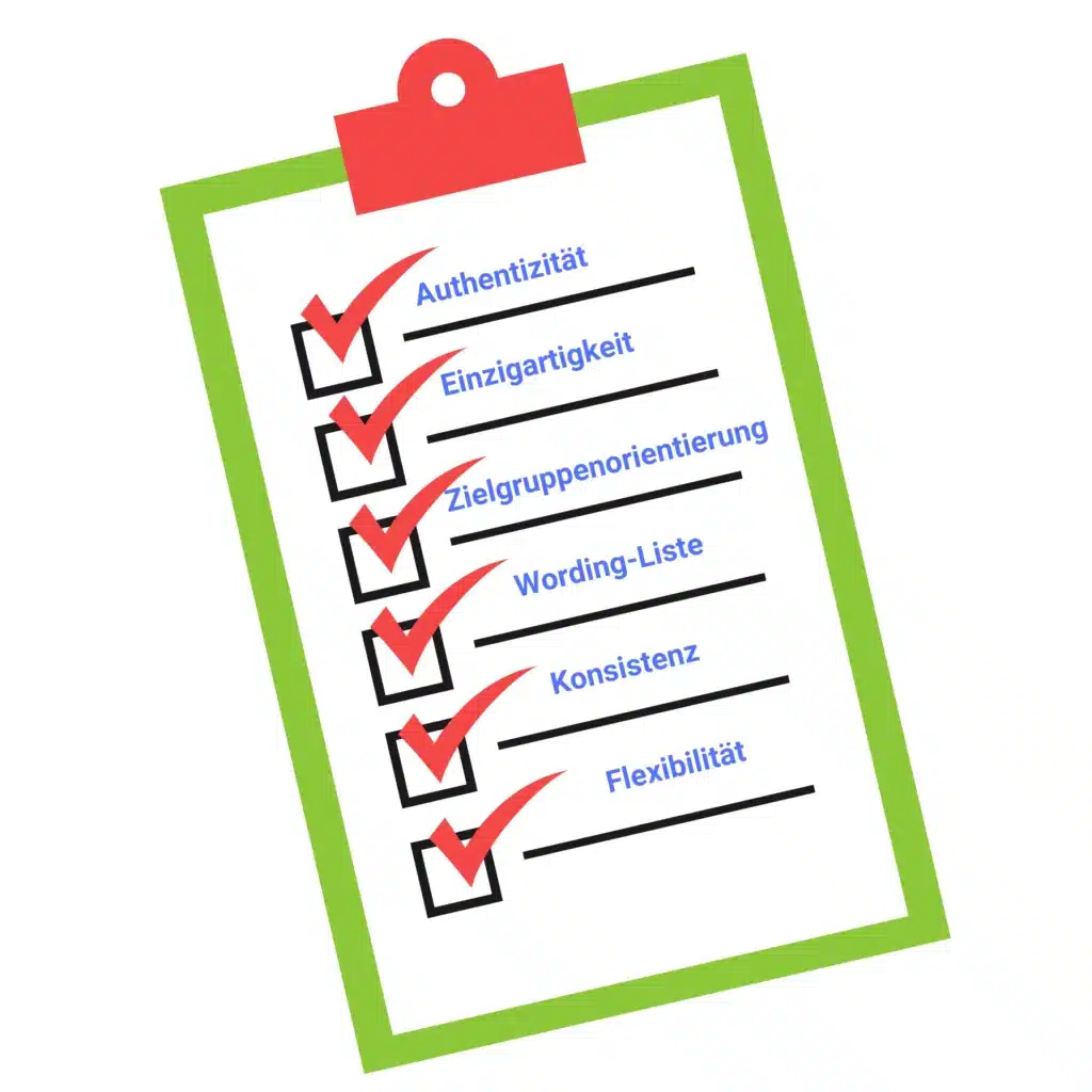 Brand Voice Checkliste. Das Bild zeigt ein Klemmbrett mit rot abgehakten Bullet-Points für erledigt.