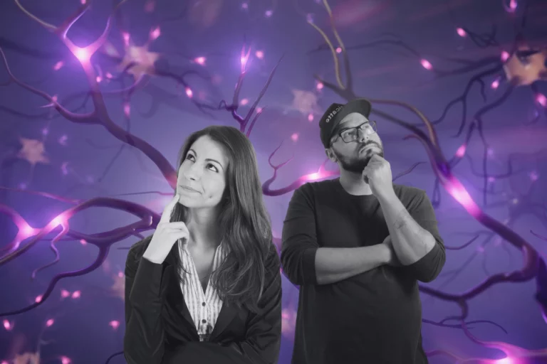 Das Bild zeigt einen Mann und eine Frau, die jeweils ihre Hand an s Kinn legen und nach oben schauen, da sie nachdenken. Im Hintergrund des Bildes ist ein menschliches neuronales Netzwerk zu sehen. Das Bild ist eine Allegorie für die Begriffe "divergentes u nd konvergentes Denken