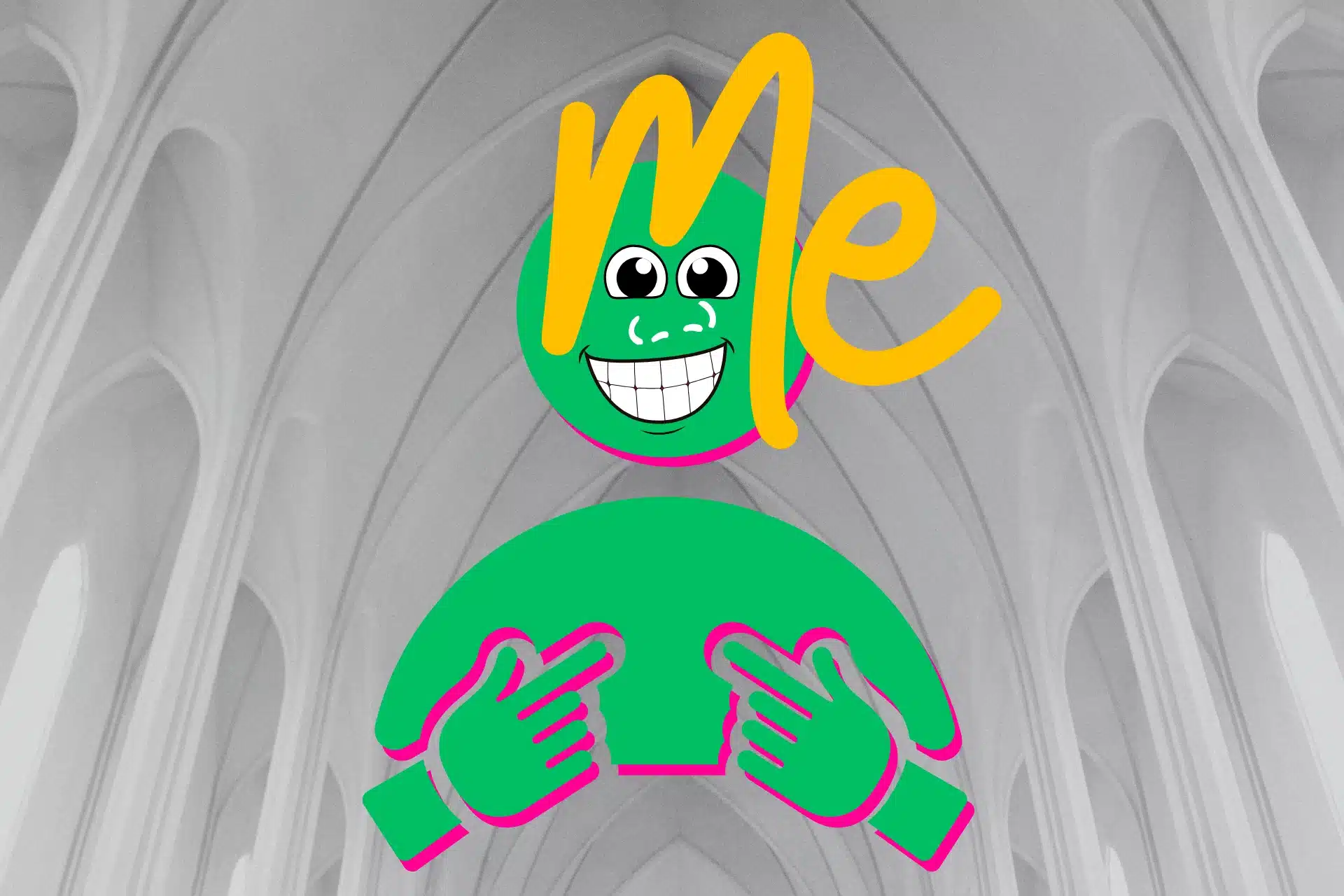 Das Bild zeigt eine Collage aus einem Pictogramm einer Person, die auf sich zeigt. Die Haare des Pictogramms bestehen aus dem Schriftzug "Me" und dem Piktogramm sind Augen, Nase und Mund im Comic-Stil hinzugefügt worden.