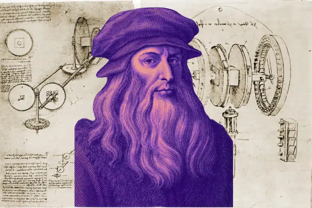 Das Bild zeigt im Hintergrund Zeichnungen aus Leonardo da Vincis Skizzenbücher und im Vordergrund ein Portrait in einem Kupferstichformat