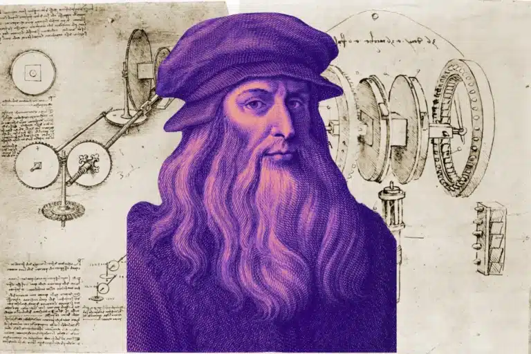 Das Bild zeigt im Hintergrund Zeichnungen aus Leonardo da Vincis Skizzenbücher und im Vordergrund ein Portrait in einem Kupferstichformat