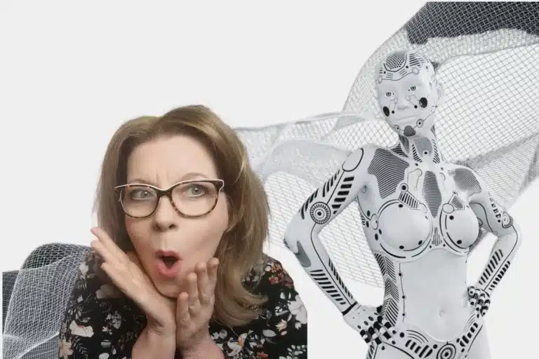 Das Bild zeigt die Autorin Gabriele Ermold beim Tratschen mit einem weiblichen Roboter.