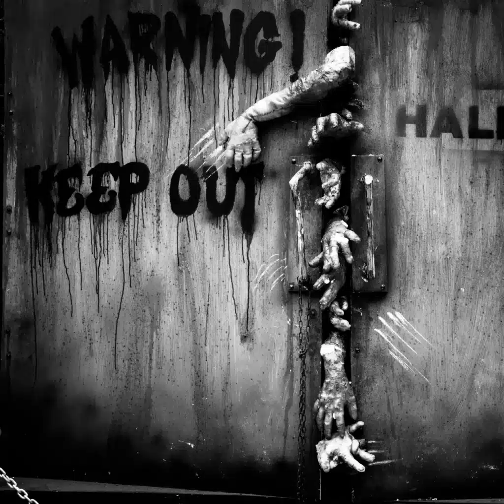 Das Bild zeigt eine zweiflügelige Holztür, die einen Spalt geöffnet ist. Aus diesem Spalt schauen verschiedene Arme und Hände von Zombies. Auf den Türblättern befinden sich Graffiti Sprüche "keep out" und "warning" Es ist eine Allegorie für die "Wiederkeher-Floskeln", die Phrasen.