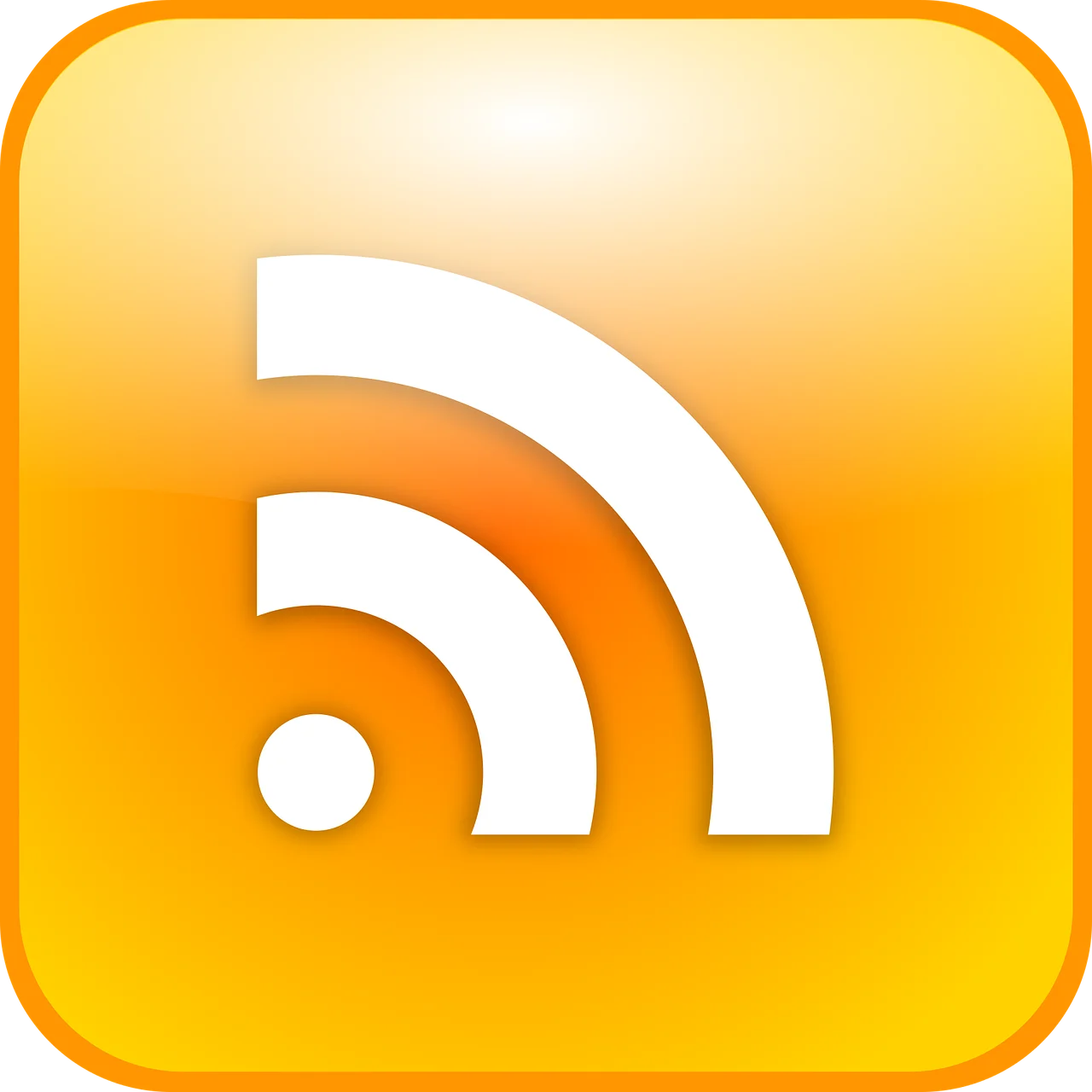 Das Bild zeigt ein orange-gelbes RSS-Feed-Icon, welches eine wellenartiges Symbol hat, das links unten mit einem Punkt beginnt und über den sich zwei größer werdende Wellen, in Form eines Viertelkreises befinden.